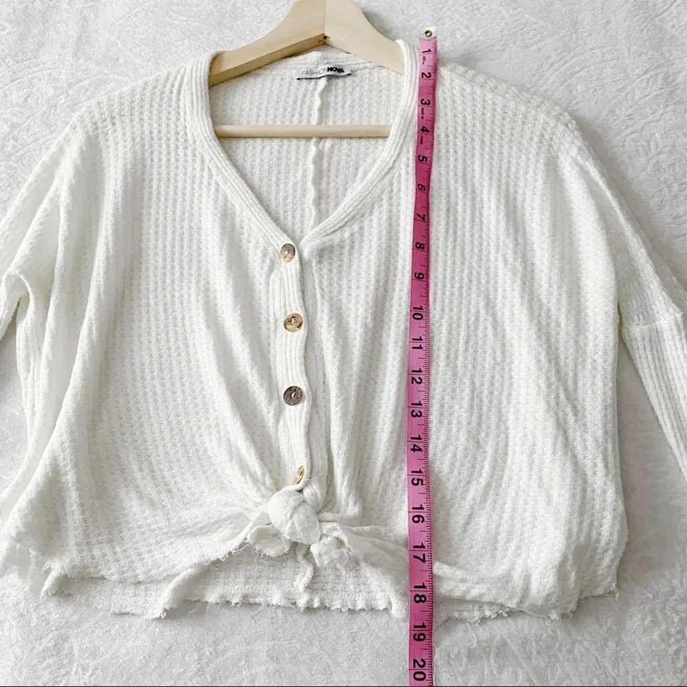 Fashion Nova White Cropped Tied Waist Button Down Waffle Top